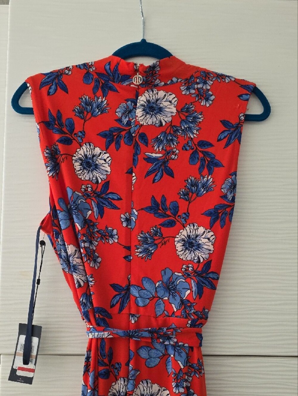 Tommy Hilfiger Red Floral Wrap Jumpsuit with Blue & White Blooms - Picture 5 of 5